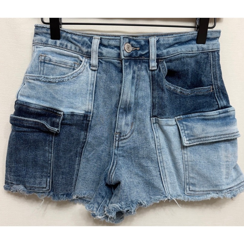 Vervet Women Denim Shorts Patchwork Cargo High Rise Frayed Hem Blue T5892 Small